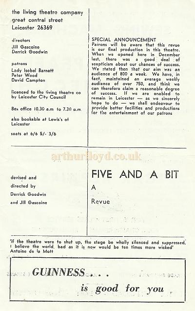 A Programme for the revue 'Five And A Bit' at the Living Theatre, Leicester in the 1960s - Courtesy David Garratt.