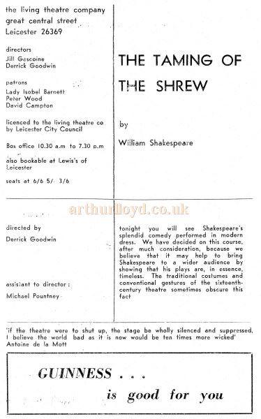 A Programme for 'The Taming of the Shrew' at the Living Theatre, Leicester - Courtesy Dave Winter. 