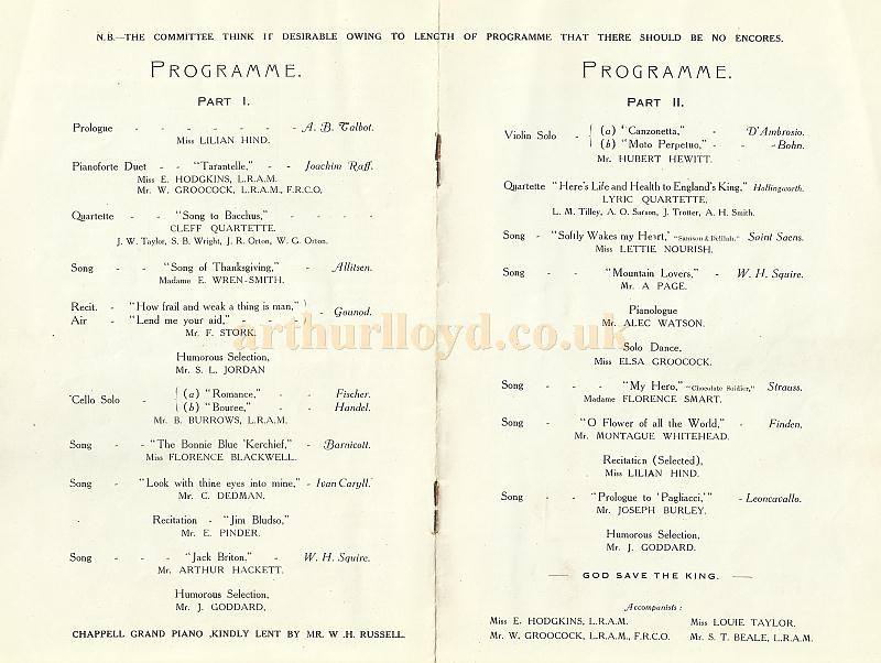 A testimonial programme for Walter Langford at the Temperance Hall, Leicester on May the 2nd 1912