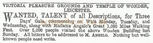 A notice in the ERA of the 2nd of May 1875 advertising for 'Talent' to accompany 'Madame Angelo's great 1,000 miles walking feat' commencing on Whit Monday