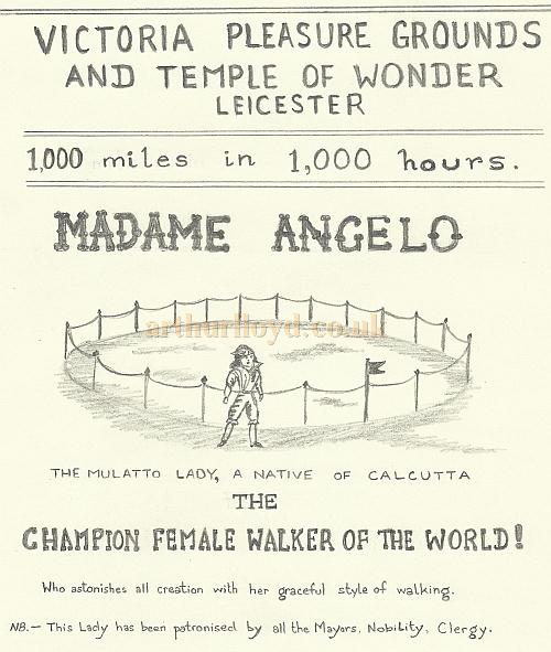 A sketch of an 1875 poster advertising Madame Angelo 'The Champion Female Walker of the World!' by David Garratt.