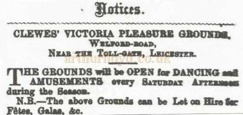 An 1867 advertisement for Clewe's Victoria Pleasure Grounds, Leicester - Courtesy David Garratt.