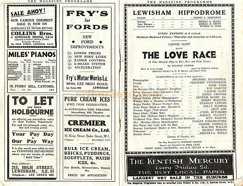 Extract from the Lewisham Hippodrome programme for 'The Love Race' Jan 26th 1931