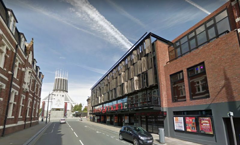 A Google StreetView Image of the Everyman Theatre, Liverpool - Click to Interact. The Image also shows the Liverpool Metropolitan Cathedral which was opened in 1967.