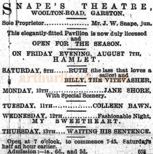 A contemporary advertisement for the opening of the Britannia Pavilion, Garston, at the time called Snape's Theatre, in 1891 - Courtesy Paul Young. 