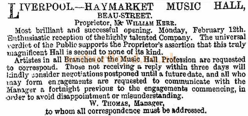 A Cutting from the ERA 17th of February 1883 on the opening of the Haymarket Music Hall, Liverpool