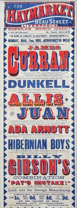 A Poster for the Haymarket Music Hall, Liverpool in 1896 - Courtesy Ian Cowell.
