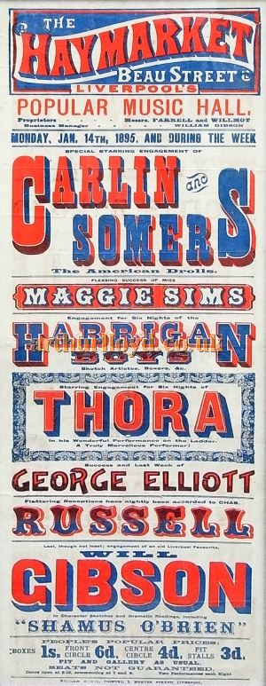 A Poster for the Haymarket Music Hall, Liverpool in 1895 - Courtesy Ian Cowell.