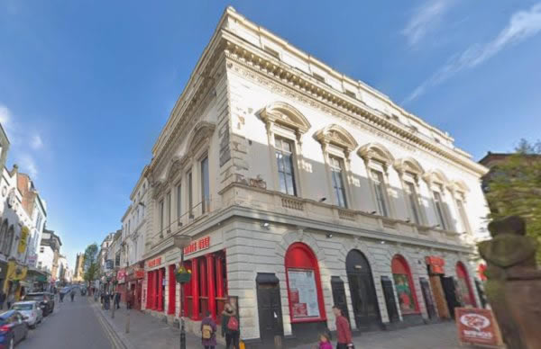 A Google StreetView Image showing the former Hime's Music Hall Building, Bold Street and Concert Street, Liverpool in April 2018 - Click to Interact.