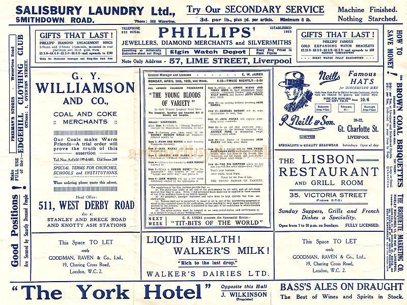 Variety Programme for the Royal Hippodrome Theatre, Liverpool for the week beginning Monday the 8th of April 1928.