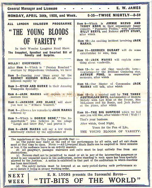 Variety Programme for the Royal Hippodrome Theatre, Liverpool for the week beginning Monday the 8th of April 1928.