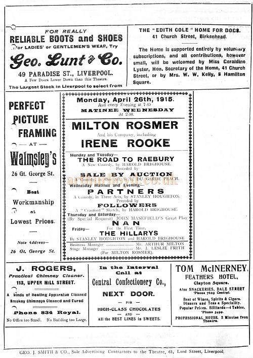 A Programme for the week of April 26th 1915 at Kelly's Theatre, Liverpool - Courtesy Roy Cross