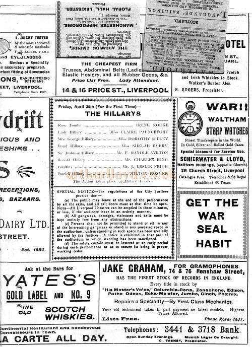 A Programme for the week of April 26th 1915 at Kelly's Theatre, Liverpool - Courtesy Roy Cross