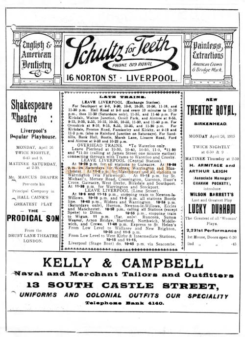 A Programme for 'Sale by Auction' and 'Nan' for the week of April 26th 1915 at Kelly's Theatre, Liverpool - Courtesy Roy Cross