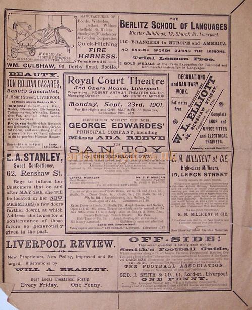 A programme for 'San Toy' at the Royal Court Theatre, Liverpool for September the 23rd 1901 - Courtesy Roy Cross