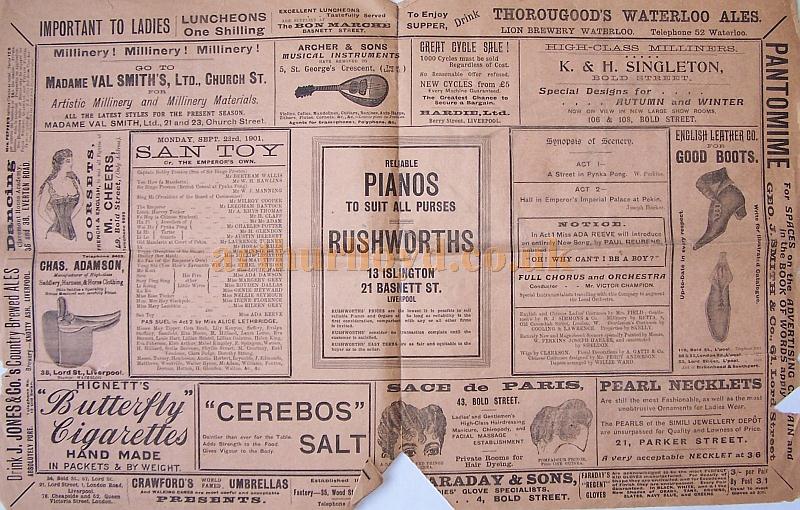 A programme for 'San Toy' at the Royal Court Theatre, Liverpool for September the 23rd 1901 - Courtesy Roy Cross