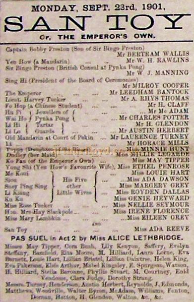A programme for 'San Toy' at the Royal Court Theatre, Liverpool for September the 23rd 1901 - Courtesy Roy Cross