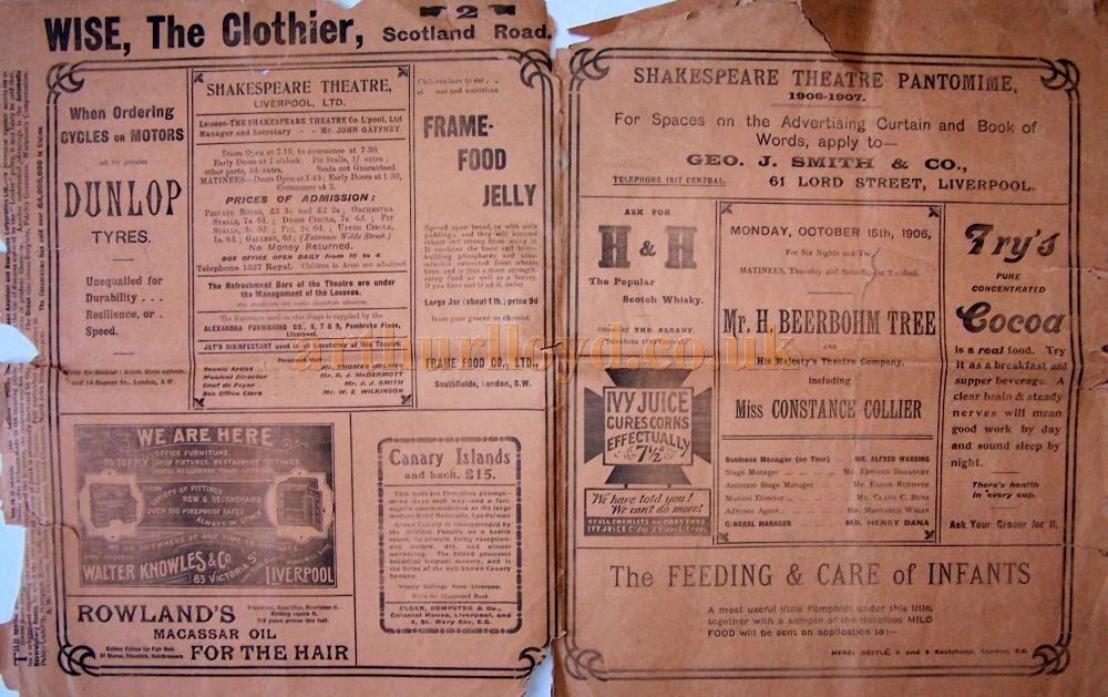 A Programme for the week of October 15th 1906 at the Shakespeare Theatre, Liverpool - Courtesy Roy Cross