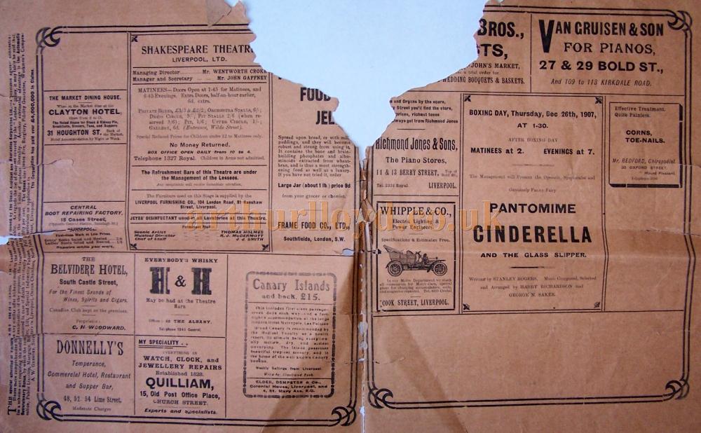 A Programme for 'Cinderella' at the Shakespeare Theatre, Liverpool on December 26th 1907 - Courtesy Roy Cross