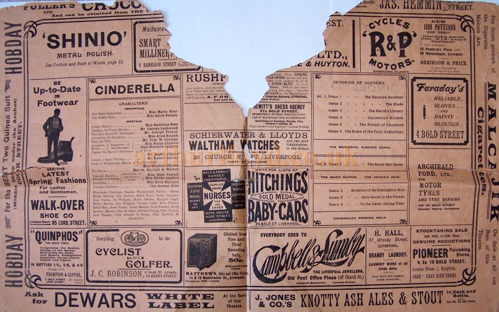 A Programme for 'Cinderella' at the Shakespeare Theatre, Liverpool on December 26th 1907 - Courtesy Roy Cross