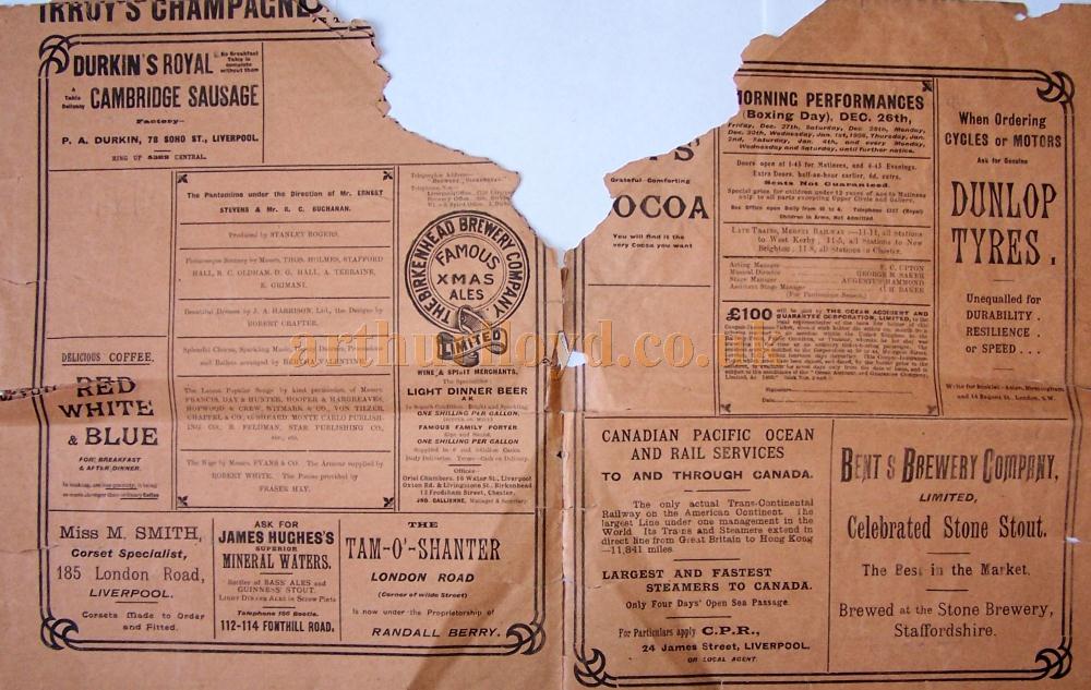 A Programme for 'Cinderella' at the Shakespeare Theatre, Liverpool on December 26th 1907 - Courtesy Roy Cross