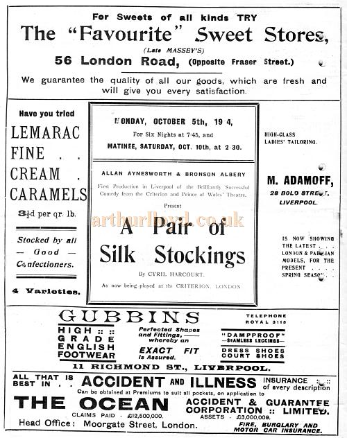 A Programme for 'A Pair of Silk Stockings' at the Shakespeare Theatre, Liverpool on October 5th 1914 - Courtesy Roy Cross