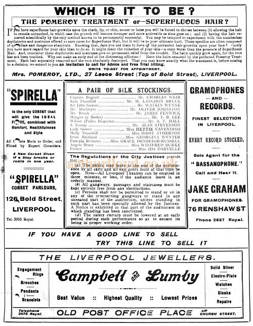 A Programme for 'A Pair of Silk Stockings' at the Shakespeare Theatre, Liverpool on October 5th 1914 - Courtesy Roy Cross