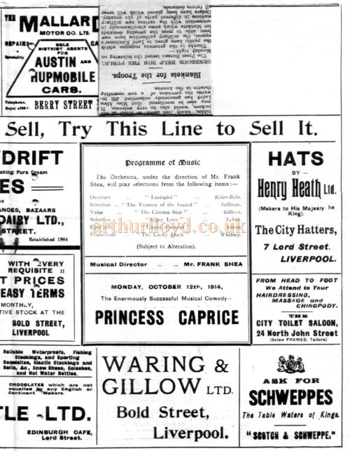 A Programme for 'A Pair of Silk Stockings' at the Shakespeare Theatre, Liverpool on October 5th 1914 - Courtesy Roy Cross
