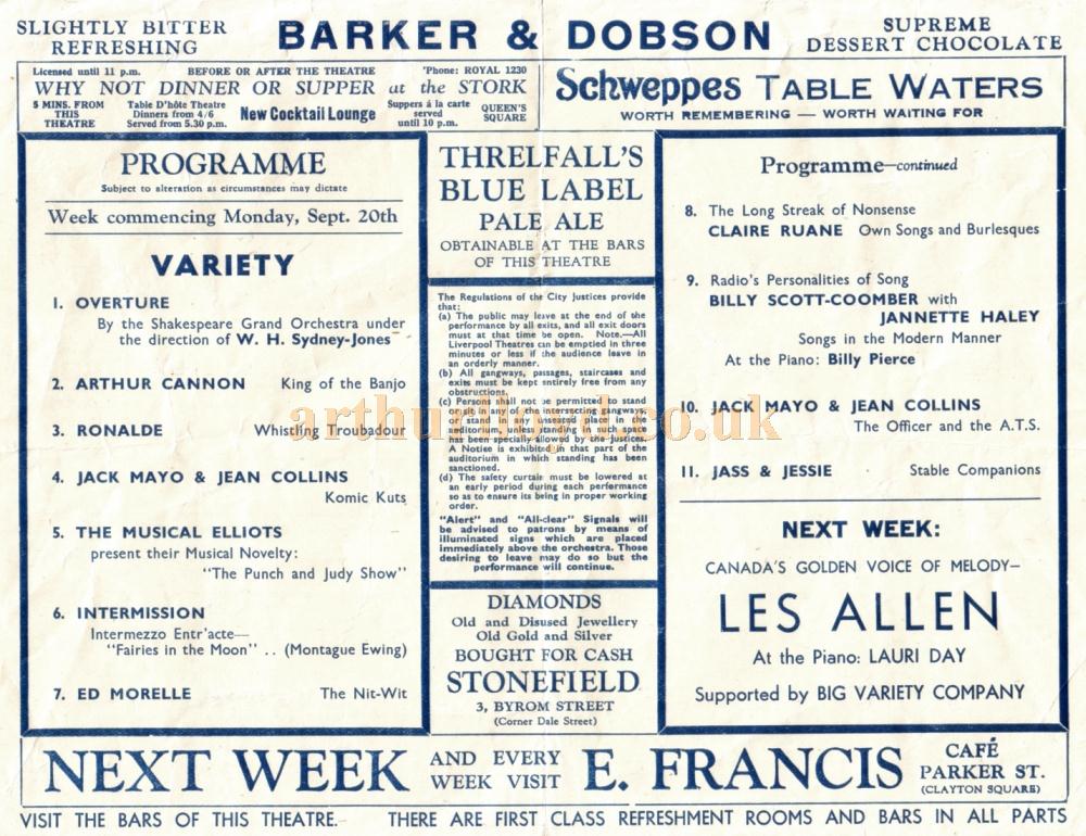 A Variety Programme for the Shakespeare Theatre, Liverpool - Courtesy Roy Cross