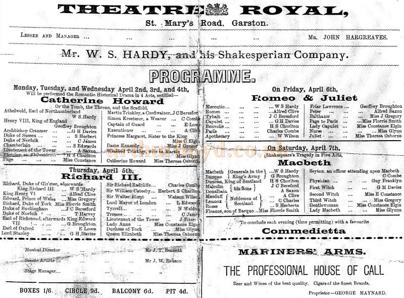 A Contemporary Newspaper Advertisement for Mr. W. S. Hardy and his Shakesperian Company's productions at the Theatre Royal, Garston - Courtesy The Garston and District Historical Society.