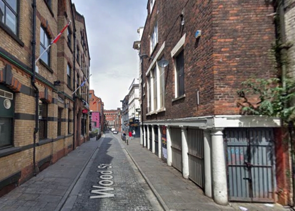 A Google StreetView Image showing Wood Street and the rear of the former Hime's Music Hall in June 2018 - Click to Interact.