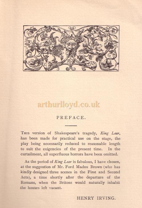 The Preface to a Script for Henry Irving's Production of 'King Lear' at the Lyceum Theatre in 1892 - Kindly Donated by Judith Clarke