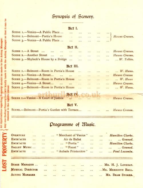 A Programme for Henry Irving's production of 'The Merchant of Venice' at the Lyceum Theatre in June 1895 - Kindly Donated by Judith Clarke