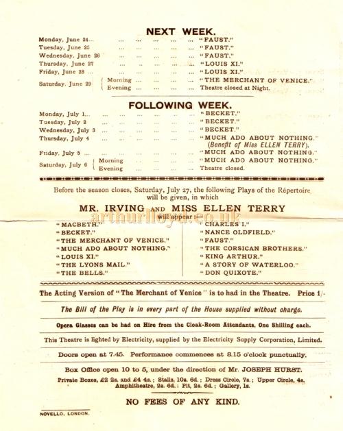 A Programme for Henry Irving's production of 'The Merchant of Venice' at the Lyceum Theatre in June 1895 - Kindly Donated by Judith Clarke