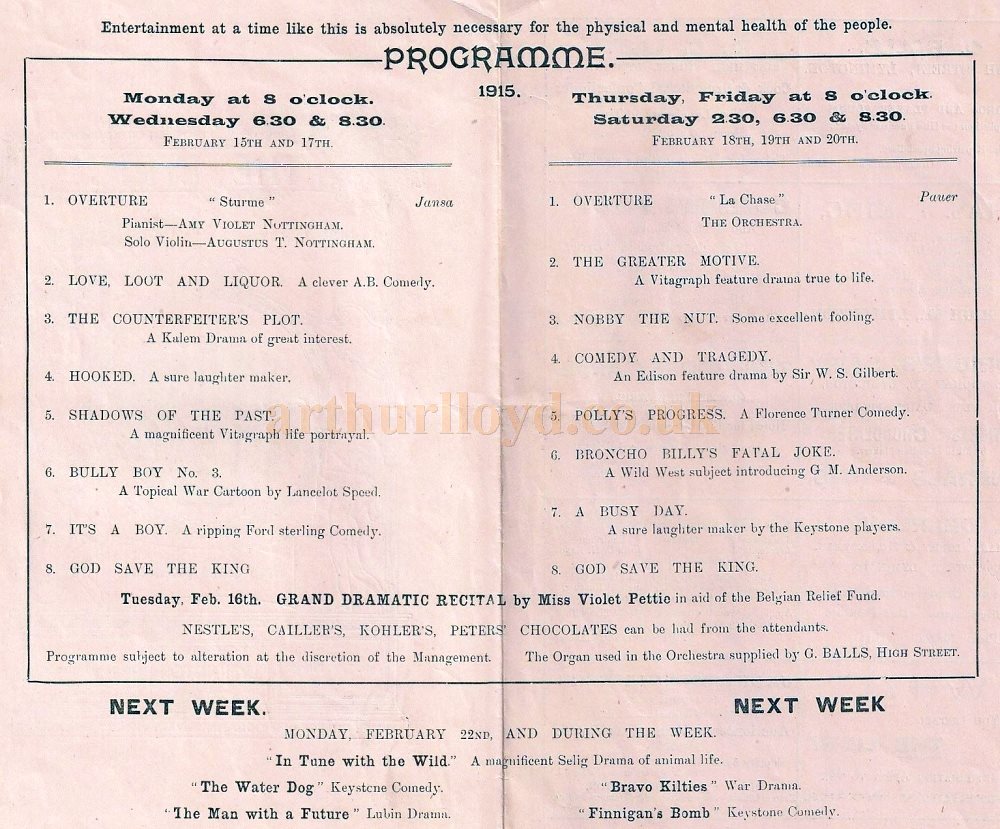 A War Time Variety Programme for the Lyric Theatre, Lymington for February 1915 - Courtesy Simon Moss, stagememories from the John Cannon Collection. 