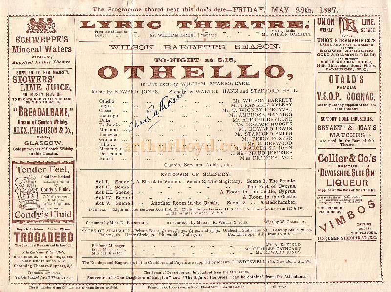 A Programme for 'Othello' at the Lyric Theatre in 1897 