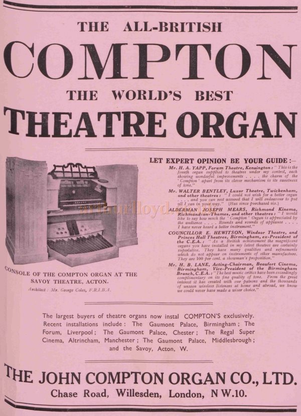 An Advertisement for Compton Theatre Organs as fitted in the Regal Theatre, Altrincham in 1931 - from The Bioscope, 20th May 1931.