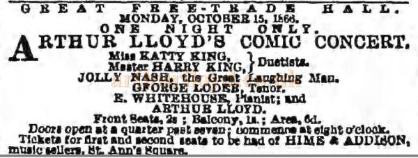 An Advertisement for Arthur Lloyd's Comic Concert at the Free Trade Hall, Manchester - From the Guardian of October 13th 1866. 