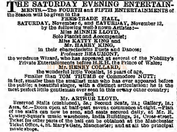 An Advertisement for Arthur Lloyd and his family at the Free Trade Hall, Manchester - From the Guardian of November 2nd 1869.