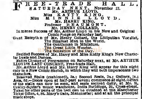 An Advertisement for Arthur Lloyd and his family at the Free Trade Hall, Manchester - From the Guardian of November 10th 1869.