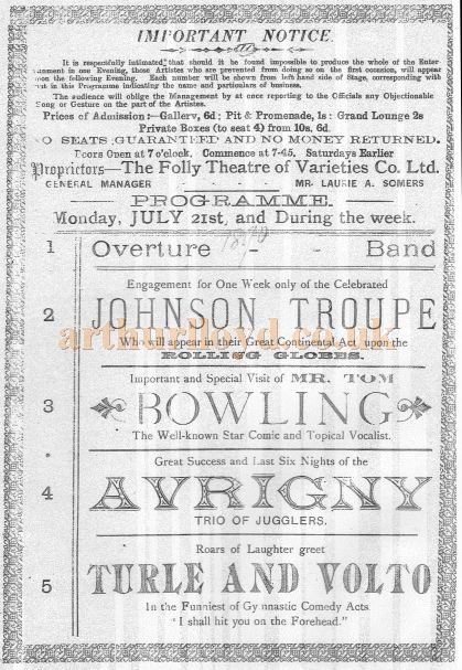 A Programme for the Folly Theatre, Manchester under the management of Laurie Somers - Courtesy Sue Green