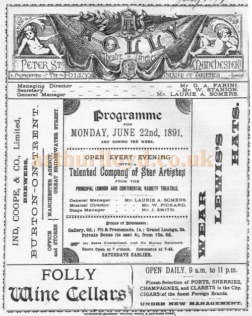 A Programme for the Folly Theatre of Varieties, Manchester under the management of Laurie Somers for the week of Monday June the 22nd 1891 - Courtesy Sue Green.