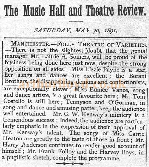A Review for the Manchester Folly Theatre of Varieties under Laurie Somers Management in May 1891 - Courtesy Sue Green.