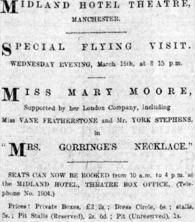 An Advertisement for the opening of the Midland Hotel Theatre, Manchester in 1904 - From the Manchester Courier, 9th of March 1904.