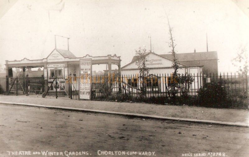 A postcard showing the Pavilion Theatre and Winter Gardens, Chorlton-cum-Hardy, with a Bill displayed advertising 'The Whips' - From the Lloyd Collection Courtesy Andrew Simpson