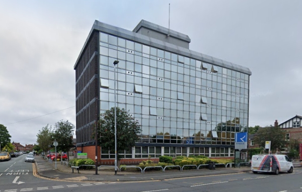 A Google StreetView Image showing Roberts House, Altrincham in July 2024, which stands on the site of the former Regal Theatre - Click to Interact.