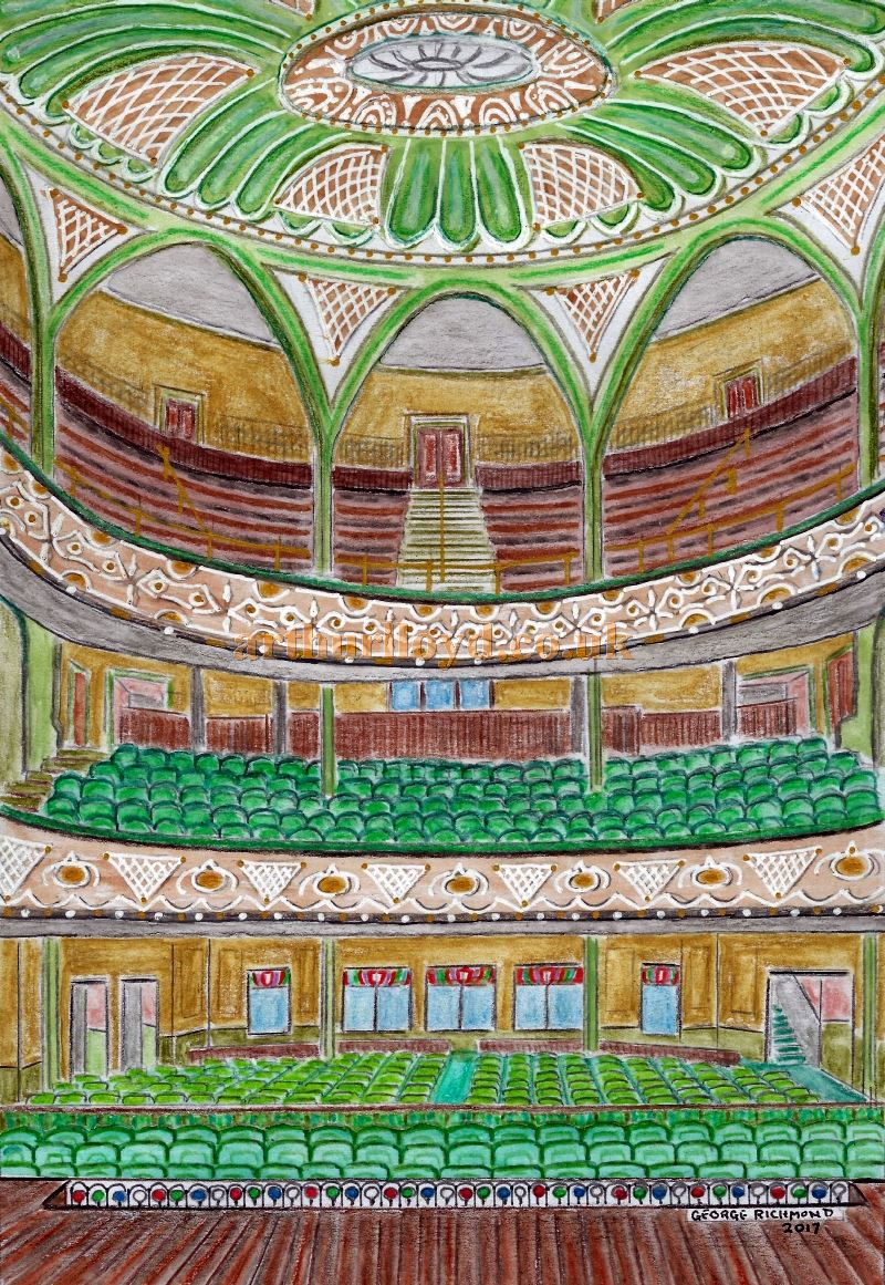 A Watercolour of the Auditorium of the Tivoli Theatre, Manchester by George Richmond, February 2017. The painting has been created from a photograph in the book 'Red Plush and Gilt' by Joyce Knowlson.