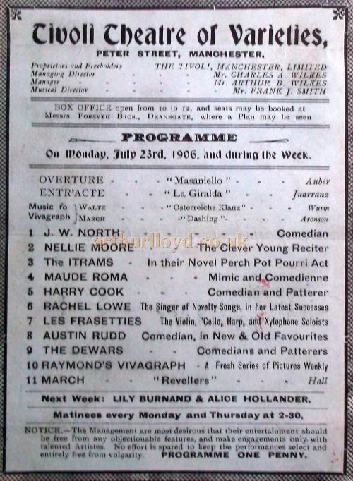 Details from a Variety Programme for the Tivoli Theatre, Manchester in 1906 - Courtesy Roy Cross.