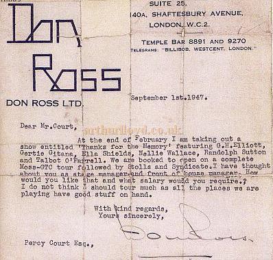 A Letter from Don Ross Ltd to Percy Court offering him work as stage and front of house manager on the tour of 'Thanks For The Memory' in 1947 - From Percy's Diary.