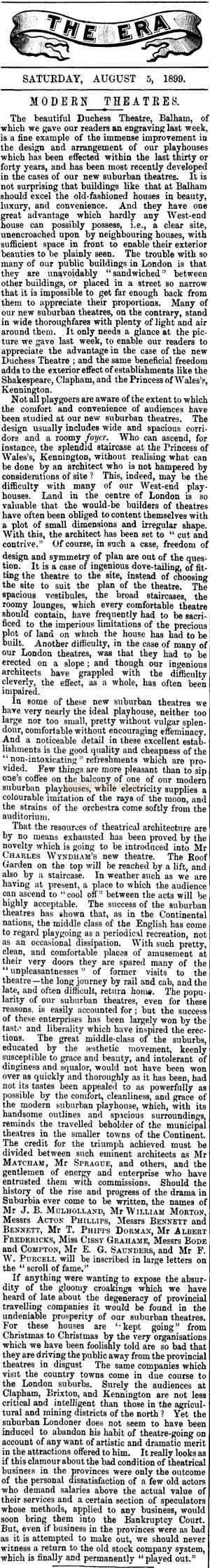 An article on Theatre Design - From the ERA, 5th of August 1899 